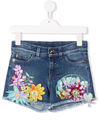 Shop Versace Embroidered Denim Shorts In Blue