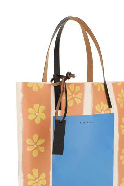 Shop Marni Daisy Print Pvc Tote Bag In Orange,light Blue,white