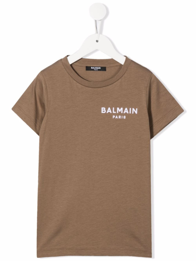 Shop Balmain Logo-print Cotton T-shirt In Brown