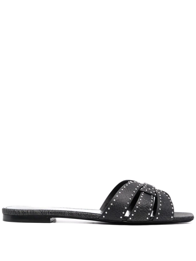 Shop Saint Laurent Tribute Studded Flat Sandals In Black