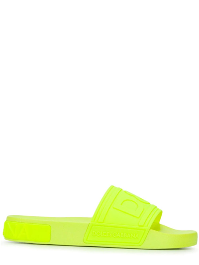 Shop Dolce & Gabbana Yellow Logo Slides Sandals