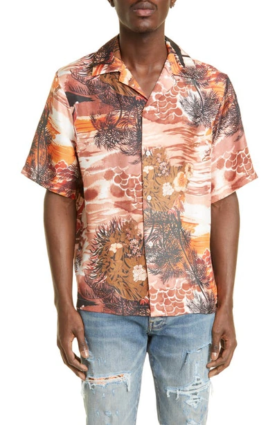 Shop Amiri Aloha Print Short Sleeve Silk Button-up Camp Shirt In Pink