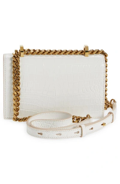 Shop Alexander Mcqueen Mini Jeweled Croc Embossed Leather Satchel In Deep Ivory