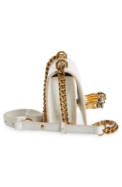 Shop Alexander Mcqueen Mini Jeweled Croc Embossed Leather Satchel In Deep Ivory