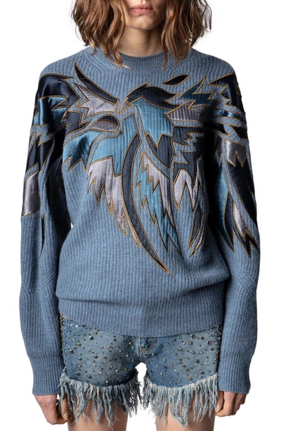Shop Zadig & Voltaire Kansas Eagle Embroidered Wool & Cashmere Sweater In Denim