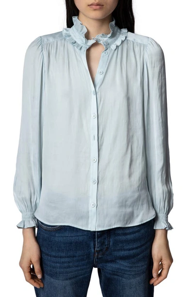 Shop Zadig & Voltaire Tacca Satin Ruffle Button-up Blouse In Glacier