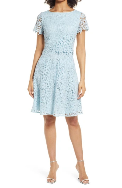 Shop Shani Popover Lace Fit & Flare Dress In Dusty Blue