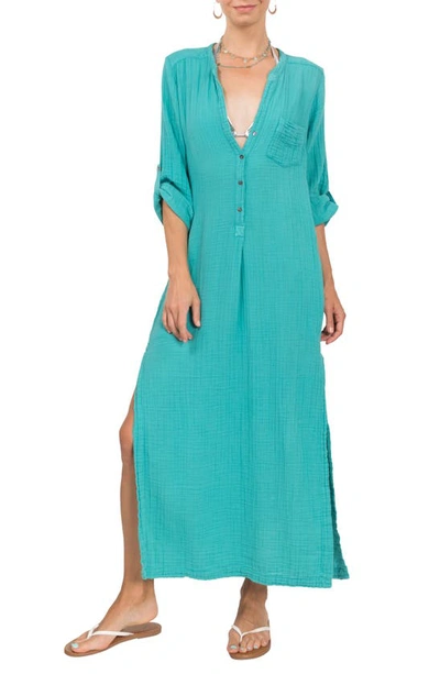 Shop Everyday Ritual Button Front Cotton Gauze Caftan In Turquoise