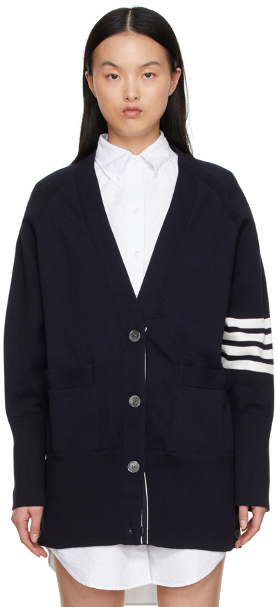 Shop Thom Browne Navy Cotton Jersey Exaggerated Fit 4-bar Cardigan In Navy 415