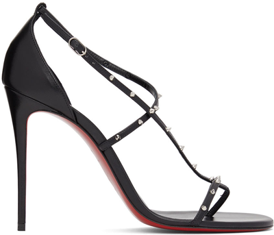 Shop Christian Louboutin Black & Red Riojana Spikes 100mm Heeled Sandals In B439 Black/lin Black