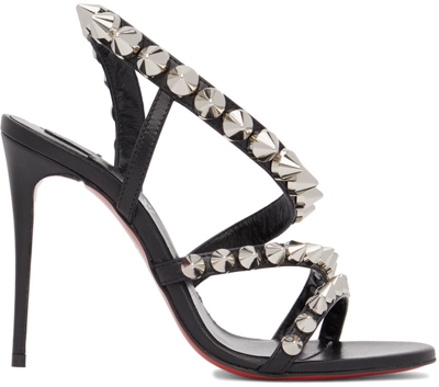 Shop Christian Louboutin Black Spikita Strap 100 Heeled Sandals In J823 Black/sv/lin Bl