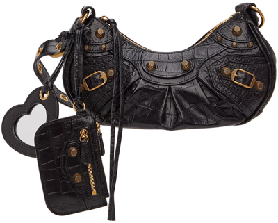 Shop Balenciaga Black Croc Xs 'le Cagole' Shoulder Bag In 1000 Black