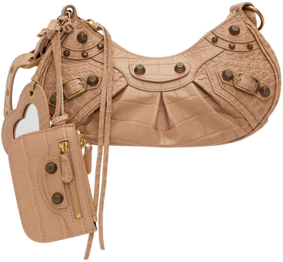 Shop Balenciaga Beige Croc Xs 'le Cagole' Shoulder Bag In 9607 Nude Beige