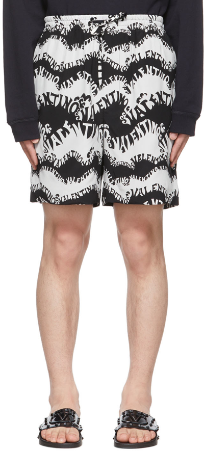 Shop Valentino Black & White Silk Shorts In 7lx St.  Wa