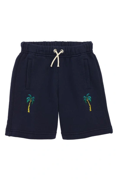 Shop Palm Angels Kids' Palm Tree Embroidered Fleece Shorts In Navy Blue Yellow