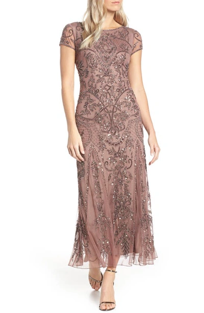 Shop Pisarro Nights Beaded Mesh Midi Cocktail Dress In Mauve