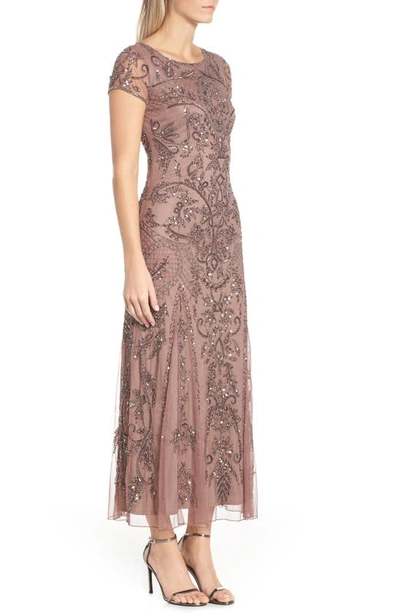 Shop Pisarro Nights Beaded Mesh Midi Cocktail Dress In Mauve