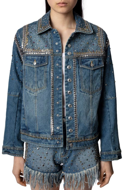Zadig & Voltaire Killer Crystal Stud Embellished Jean Jacket In Light Blue  | ModeSens