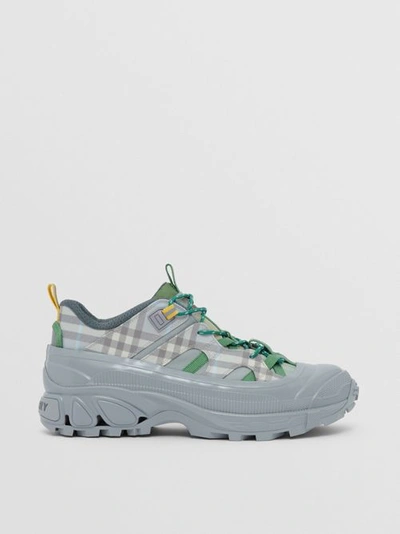 Shop Burberry Check Nylon Arthur Sneakers In Light Grey