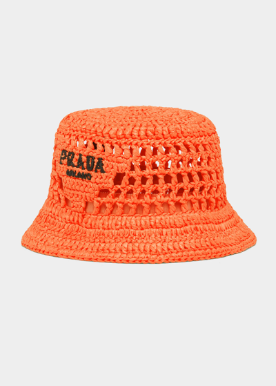 Shop Prada Logo Cutout Raffia Bucket Hat In F0049 Arancio