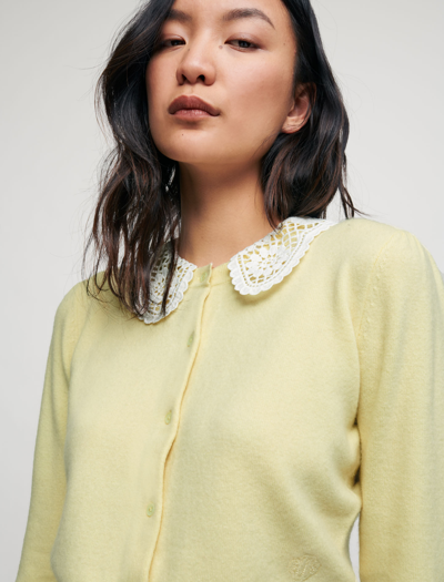 Shop Maje Cashmere Cardigan With Guipure Collar For Fall/winter In Yellow