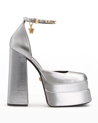 Shop Versace 155mm La Medusa Platform Mary Jane Metallic Lamb In Grey Gold