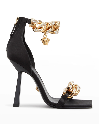 Shop Versace Silk Chain Medusa Stiletto Sandals In Black