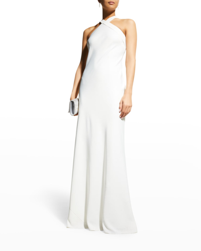 Shop Aidan Mattox Satin Long Halter Gown In Ivory