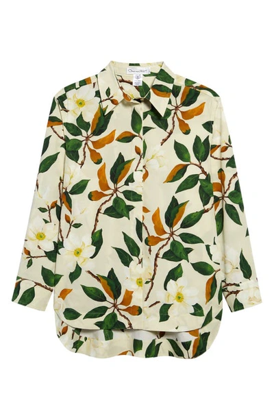 Shop Oscar De La Renta Magnolia Flowers Stretch Cotton Button-up Shirt In Sand Multi