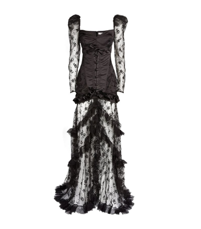Shop Alessandra Rich Satin-lace Duchesse Gown In Black