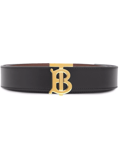 Burberry Black / Malt Brown Ladies Tb Buckle Reversible Leather Belt, Size Small In Black