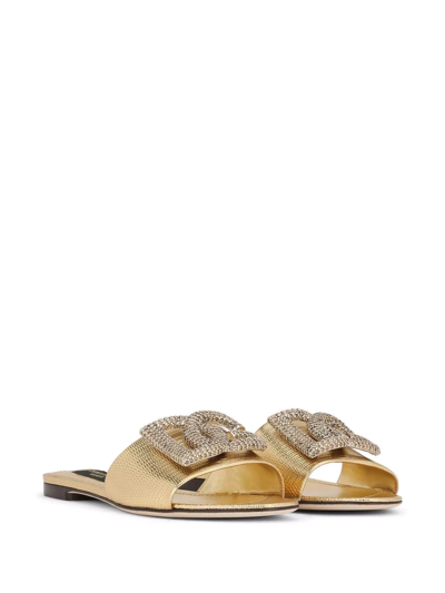 Shop Dolce & Gabbana Crystal Embellished Logo Leather Slides In Gold