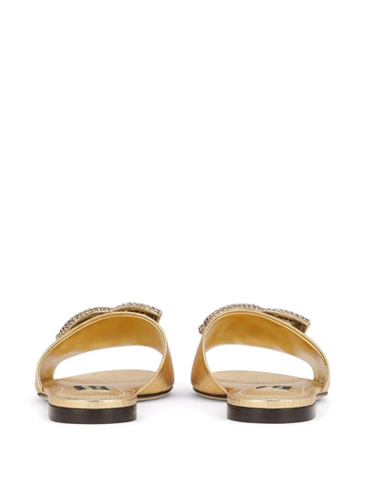 Shop Dolce & Gabbana Crystal Embellished Logo Leather Slides In Gold