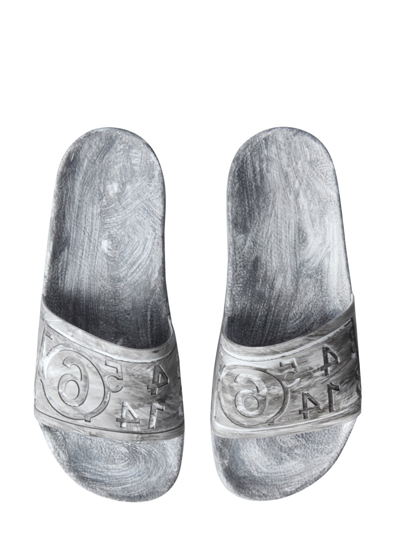 Shop Mm6 Maison Margiela Slide Logo Sandals In Silver