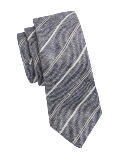 Shop Brunello Cucinelli Men's Striped Linen Tie In Jeans Grigio Chiaro
