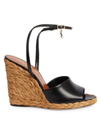 Shop Saint Laurent Women's Sexy Leather & Raffia Wedge Sandals In Nero
