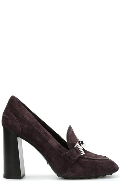Shop Tod's Double T Suede Chunky Heel Pumps In Brown