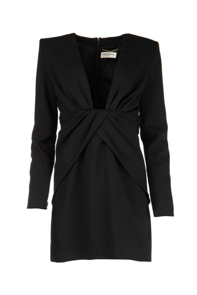 Shop Saint Laurent Ruched Plunge Neck Dress In Black