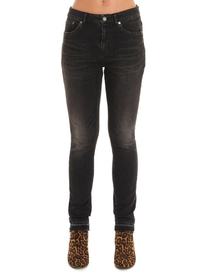 Shop Saint Laurent Skinny Frayed Edge Jeans In Black