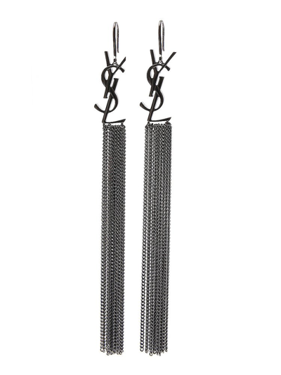 Shop Saint Laurent Monogram Tassel Earrings In Silver