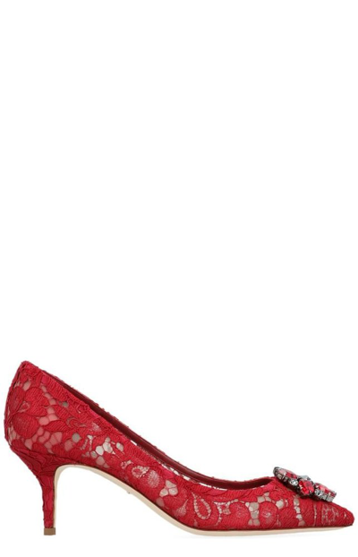 Shop Dolce & Gabbana Bellucci Embellished Lace Pumps In Red