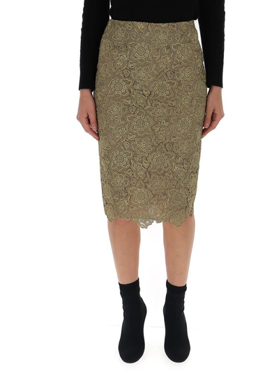 Shop Valentino Floral Embroidered Midi Skirt In Gold