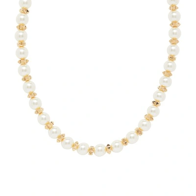 Shop Valentino Pearl & Rockstud Necklace In Oro 18 Cream