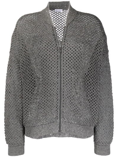 Shop Brunello Cucinelli Metallic Open-knit Bomber Jacket In Grau