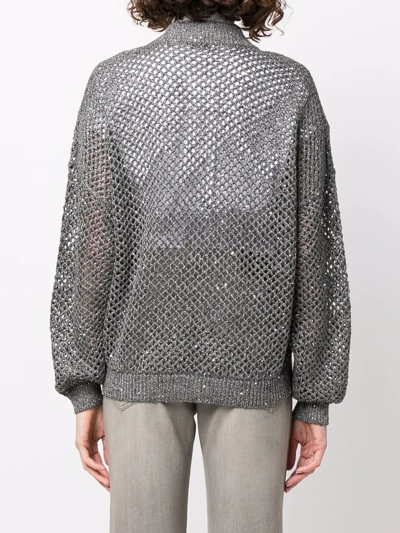 Shop Brunello Cucinelli Metallic Open-knit Bomber Jacket In Grau