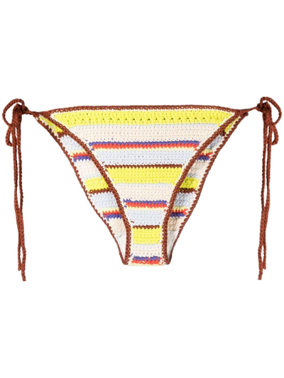 Shop Ganni Striped Crochet Bikini Bottoms In Nude