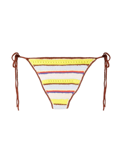 Shop Ganni Striped Crochet Bikini Bottoms In Nude