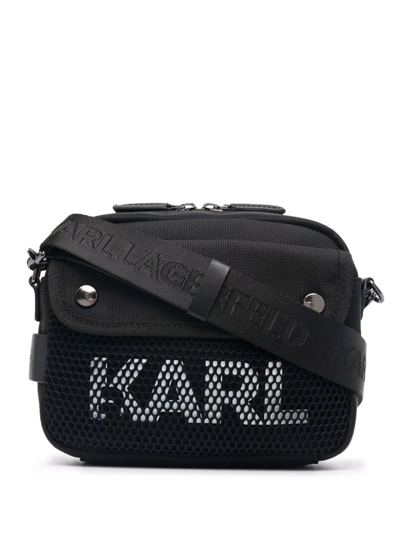 Shop Karl Lagerfeld Logo-print Mesh-panel Shoulder Bag In Black