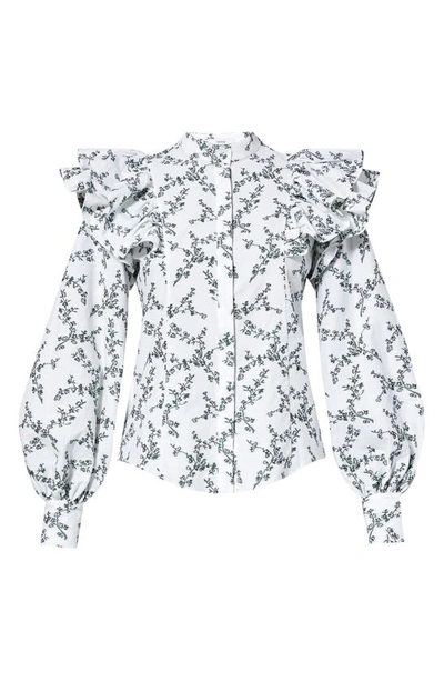 Shop Erdem Caterina Floral Embroidered Ruffle Top In White/ Green