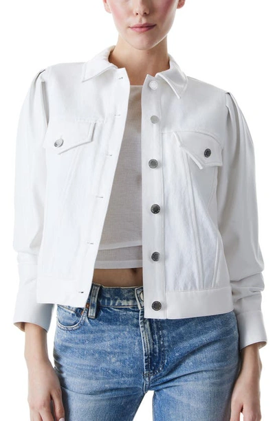 Shop Alice And Olivia Renee Faux Leather & Twill Ruched Sleeve Jacket In Vintage Sugar